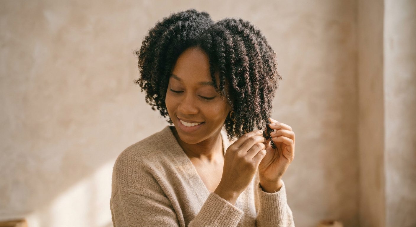 Femme souriante appliquant une routine de soins hydratants sur ses cheveux crépus naturels à la maison.